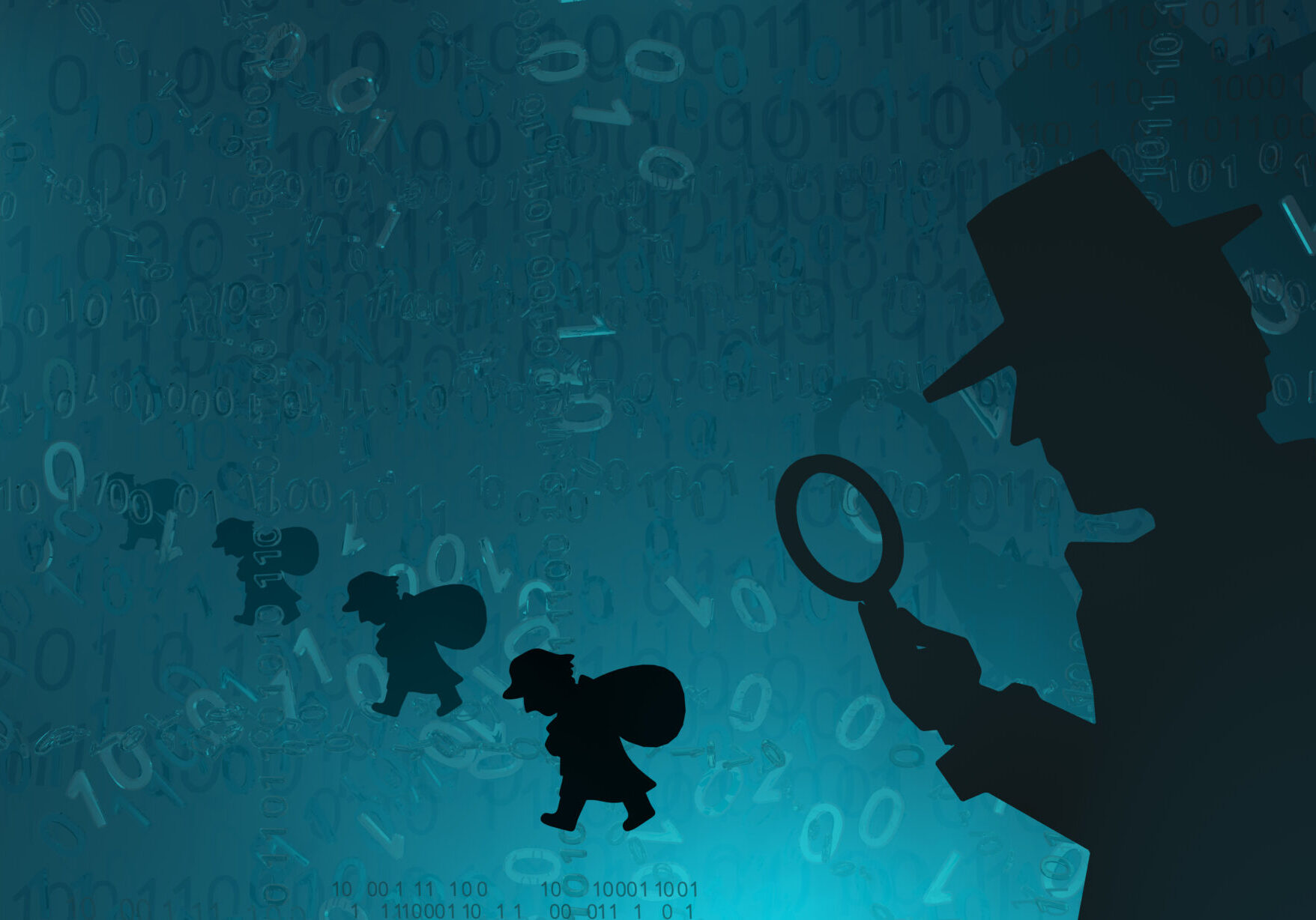 Cyberspace detective shadow figure burglars, blue color, virtual reality abstract 3d illustration, horizontal